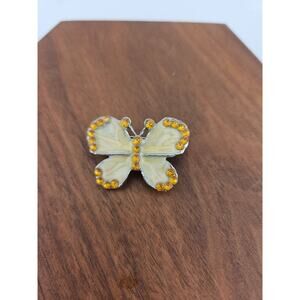 Silver Tone Resin Butterfly Moth Brooch Pin Citrine Rhinestone Accent Fairy Art